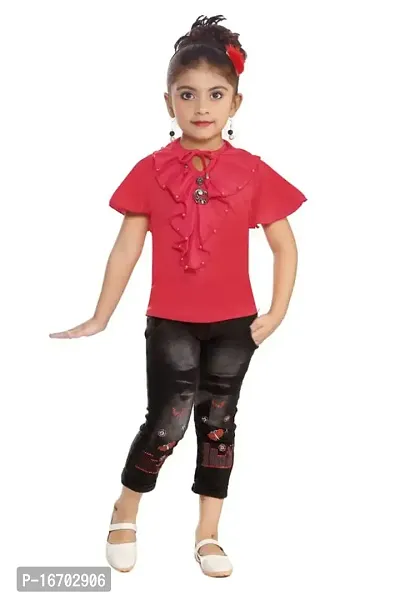 Sarfaraz Dresses Girls Cotton Regular Fit Round Neck Solid Casual Wear Top and Jeans Capri Clothing Set-thumb0