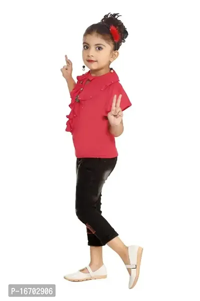 Sarfaraz Dresses Girls Cotton Regular Fit Round Neck Solid Casual Wear Top and Jeans Capri Clothing Set-thumb2