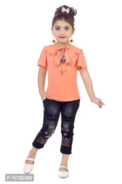 Sarfaraz Dresses Girls Cotton Regular Fit Round Neck Solid Casual Wear Top and Jeans Capri Clothing Set-thumb0