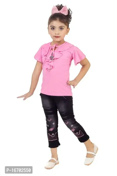 Sarfaraz Dresses Girls Cotton Regular Fit Round Neck Solid Casual Wear Top and Jeans Capri Clothing Set