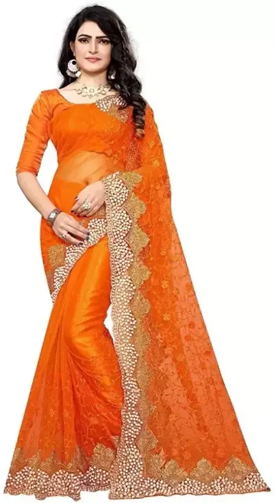 Stylish Net Embroidered Saree with Blouse piece For Women