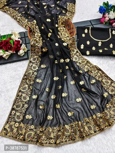 Elegant Georgette Embroidered Saree With Blouse Piece