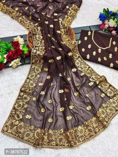 Elegant Georgette Embroidered Saree With Blouse Piece