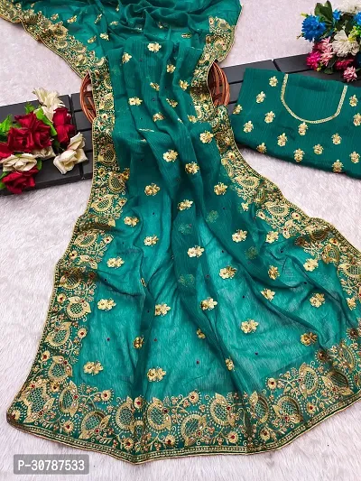 Elegant Georgette Embroidered Saree With Blouse Piece