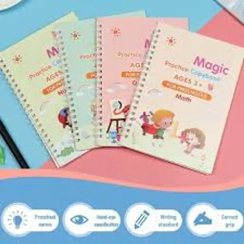 Magic Practice Book, Magic Book, Magic Practice Notepad for Kids, 4 Book + 1 Pen + 10 Refill + 1 Grip, Magic Practice Copy Book for Kids, Reusable Books for Kids