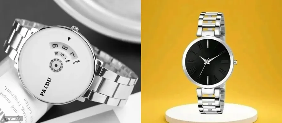 Trendy Metal Strap Men White Dial Watch And Metal Silver Strap Women Black Dial Watch For Couple -Pack Of 2