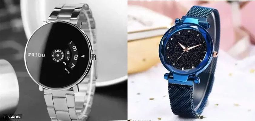 Trendy Metal Strap Men Black Dial Watch And Magnetic Blue Strap Women Diamond Dial Watch For Couple -Pack Of 2