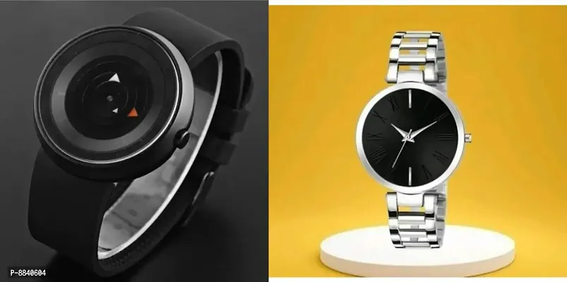 Trendy Leather Strap Men Black Dial Watch And Metallic Silver Strap Women Black Dial Watch For Couple -Pack Of 2-thumb0