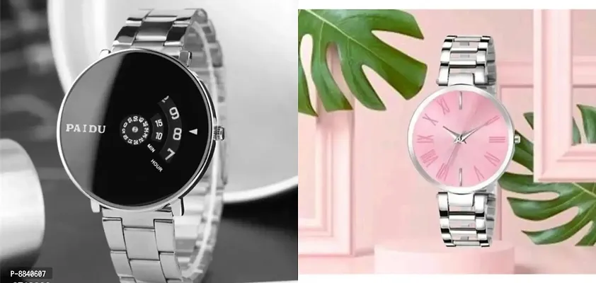 Trendy Metal Strap Men Black Dial Watch And Metal Silver Strap Women Pink Dial Watch For Couple -Pack Of 2