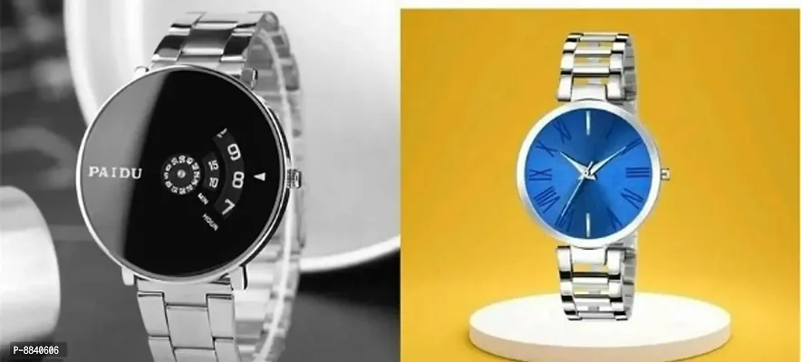 Trendy Metal Strap Men Black Dial Watch And Metal Silver Strap Women Blue Dial Watch For Couple -Pack Of 2
