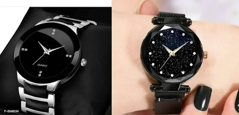 Trendy Metal Strap Men Black Dial Watch And Magnetic Black Strap Women Diamond Dial Watch For Couple -Pack Of 2