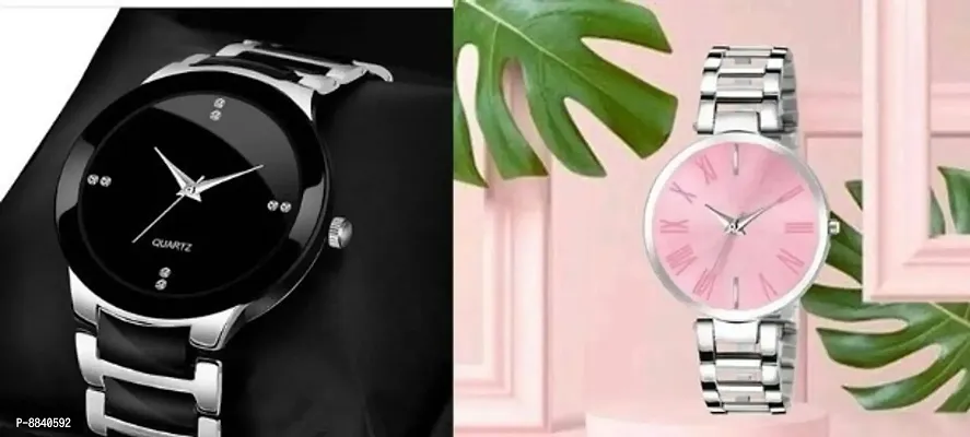 Trendy Metal Strap Men Black Dial Watch And Metallic Silver Strap Women Pink Dial Watch For Couple -Pack Of 2