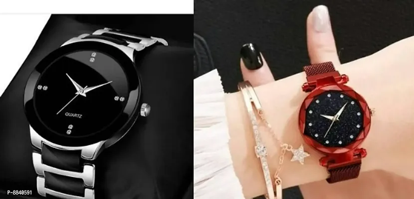 Trendy Metal Strap Men Black Dial Watch And Magnetic Red Strap Women Diamond Dial Watch For Couple -Pack Of 2