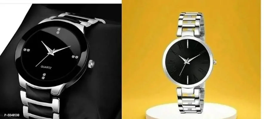 Trendy Metal Strap Men Black Dial Watch And Metallic Silver Strap Women Black Dial Watch For Couple -Pack Of 2