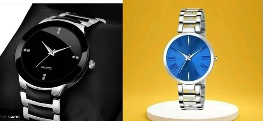 Trendy Metal Strap Men Black Dial Watch And Metallic Silver Strap Women Blue Dial Watch For Couple -Pack Of 2