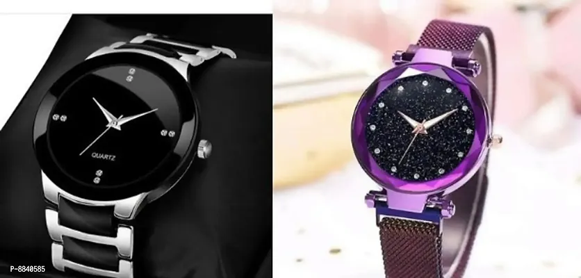 Trendy Metal Strap Men Black Dial Watch And Magnetic Purple Strap Women Diamond Dial Watch For Couple -Pack Of 2-thumb0