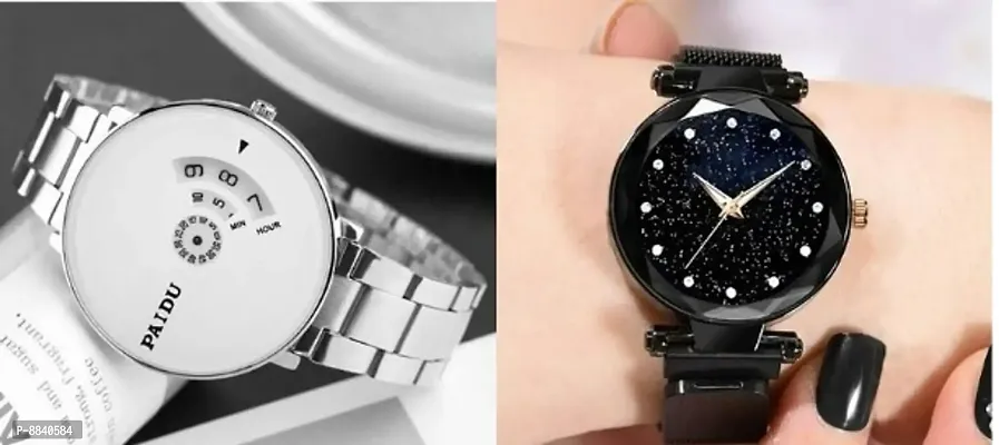 Trendy Metal Strap Men Black Dial Watch And Magnetic Black Strap Women Diamond Dial Watch For Couple -Pack Of 2
