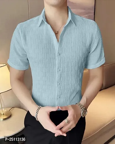 Stylish Cotton Blue Printed Short Sleeves Shirt For Men