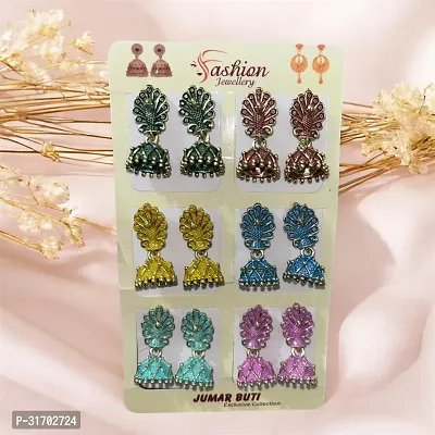 VIGILANTEE Stylish Small Peacock Oxidised Jhumki Western Combo Set Of 6 Pair Beads Brass Jhumki Earring Drops And Danglers-thumb0