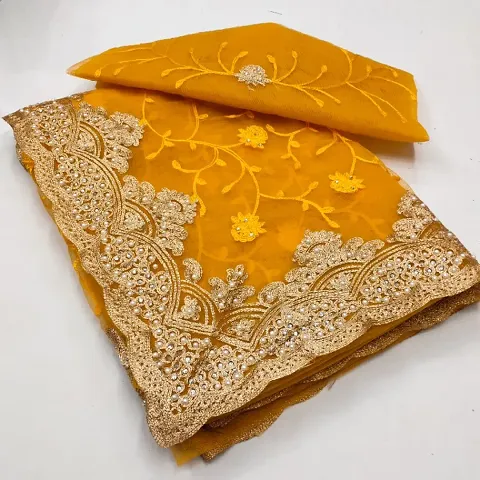 Stylish Silk Blend Embroidered Saree With Blouse Piece For Women