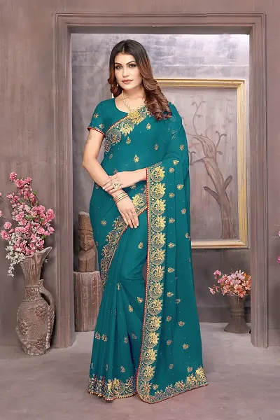 Beautiful Georgette Embroidered Saree With Blouse Piece