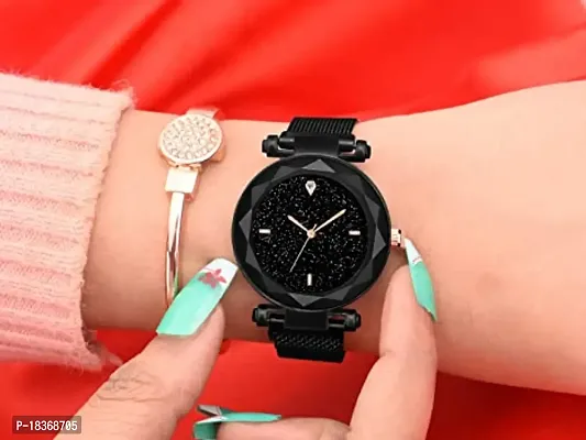 New Trendy Attractive Kids Black Magnetic Strap Mesh Magnet Watch For Woman Pack of 1