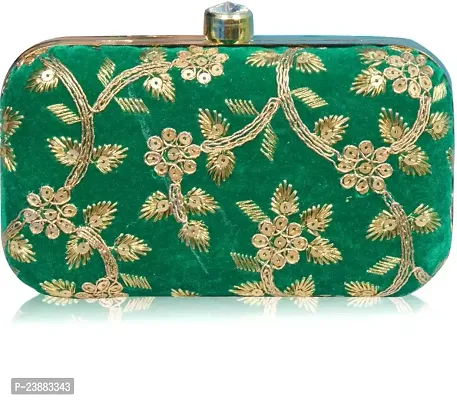 Stylish Green Velvet Embellished Clutches For Women-thumb0