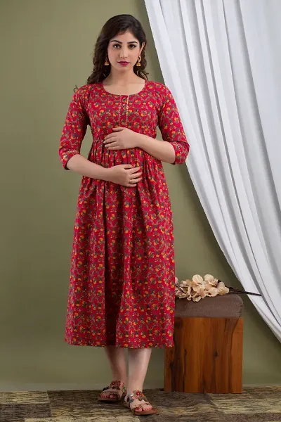 Elegant Cotton Slub Digital Printed Ankle Length Maternity Gowns