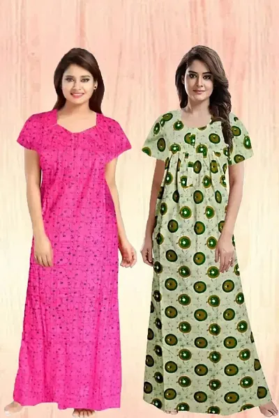 Pack Of 2 Womens Cotton Printed Nighty/Night Gowns