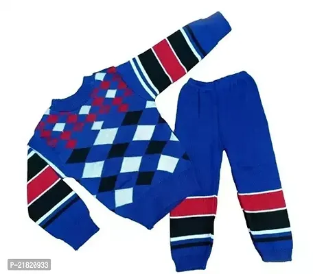 Woolen Winter Wear Top And Bottom Kids Boy And Girls Red Blue Check Color Sweater Combo Pack Of 1-thumb0