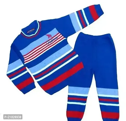 Woolen Winter Wear Top And Bottom Kids Boy And Girls Blue Red Line Color Sweater Combo Pack Of 1-thumb0