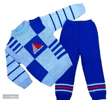 Woolen Winter Wear Top And Bottom Kids Boy And Girls Blue Check Color Sweater Combo Pack Of 1-thumb0