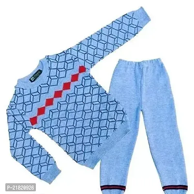 Woolen Winter Wear Top And Bottom Kids Boy And Girls Sky Blue Red Cone Design Color Sweater Combo Pack Of 1-thumb0