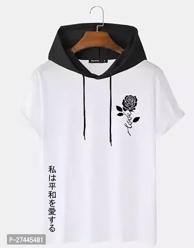 Elegant White Cotton Printed Hooded Tees For Men-thumb0