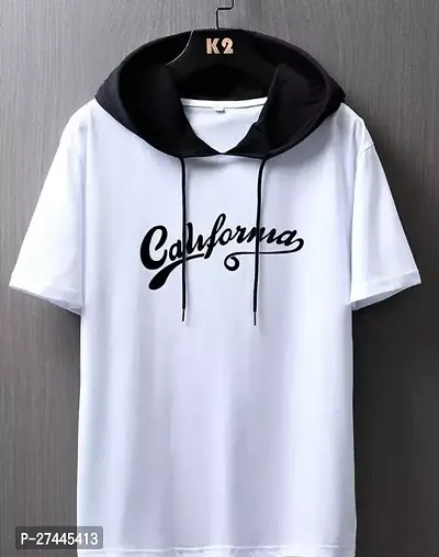 Elegant White Cotton Printed Hooded Tees For Men-thumb0