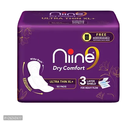 NIINE Dry Comfort Ultra Thin XL+ Sanitary Napkins for Heavy Flow (Pack of 1) 50 Pads with Free Biodegradable disposable bags-thumb0