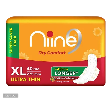 Niine Dry Comfort Ultra Thin XL Sanitary Pads for Women |40 Pads, Pack of 1| 275mm Long| Fast Absorption| Prevents Wetness  Leakage| Enjoy Leak-free Periods |With Fluid Lock Technology