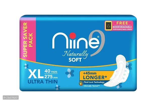 Niine Naturally Soft Ultra Thin XL Sanitary Pads for Women| 40 Pads, Pack of 1| 275mm Long| Cottony Soft Top Cover| Fast Absorption| With Fluid Lock Gel Technology| With Free Biodegradable Disposable-thumb0