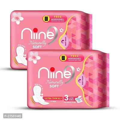 NIINE Naturally Soft Ultra Thin XL+ Sanitary Napkins for Heavy Flow (Pack of 2) 30 Pads with Free Biodegradable Disposal Bags