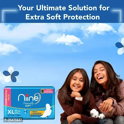 Niine Naturally Soft Ultra Thin XL Sanitary Pads for Women| 40 Pads, Pack of 1| 275mm Long| Cottony Soft Top Cover| Fast Absorption| With Fluid Lock Gel Technology| With Free Biodegradable Disposable-thumb2
