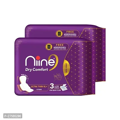 Niine Dry Comfort Ultra Thin XL+ Sanitary Pads for Women | 30 Pads, Pack of 2| 320mm Long|Suitable for Heavy Flow|Faster Absorption |Prevents Wetness  Leakage |With Free Biodegradable Disposable Bags