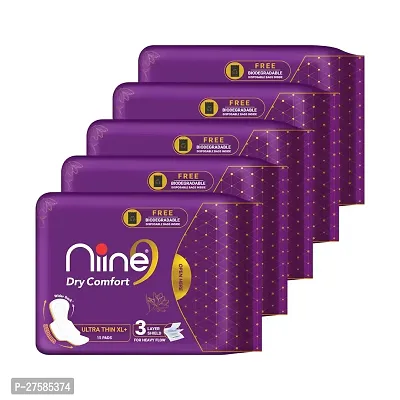 Niine Dry Comfort Ultra Thin XL+ Sanitary Pads for Women | 75 Pads, Pack of 5| 320mm Long|Suitable for Heavy Flow|Faster Absorption |Prevents Wetness  Leakage |With Free Biodegradable Disposable Bags-thumb0