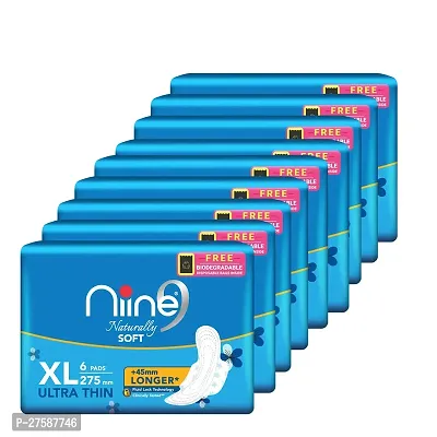 NIINE Naturally Soft Ultra Thin XL Sanitary Pads (Pack of 9) 54 Pads with Free Biodegradable Disposal Bags-thumb0