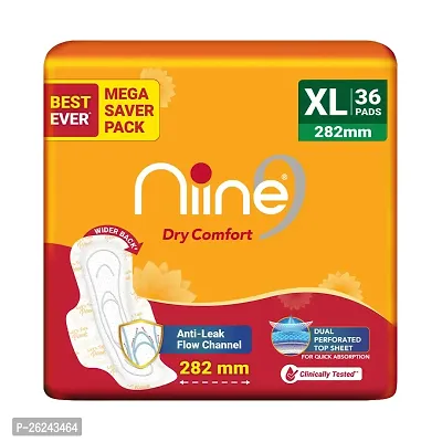 Niine Dry Comfort XL Sanitary Pads for Women |40 Pads, Pack of 1| 275mm Long| Fast Absorption| Preventsnbsp;Wetness  Leakage|nbsp;Enjoynbsp;Leak-freenbsp;Periodsnbsp;|With Anti-Leak Flow Channel
