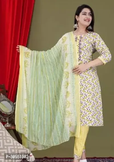 Reliable Rayon Printed Kurta with Pant And Dupatta Set For Women