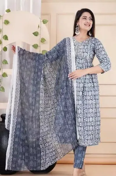 Stylish Rayon Printed Kurta Pant Dupatta Set