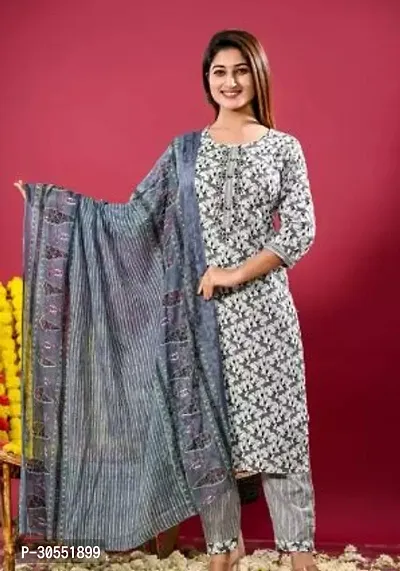 Reliable Rayon Printed Kurta with Pant And Dupatta Set For Women