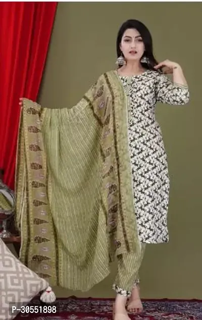 Reliable Rayon Printed Kurta with Pant And Dupatta Set For Women