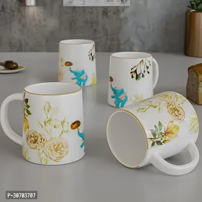 Trendy White Floral Flower Handcrafted Ceramic Mugs  320 ml Set of 4