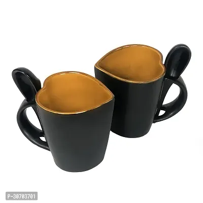 KIE Heart Shape Beautiful Handcrafted Ceramic Coffee Mug Valentin Day Gift for Partner Chrome Green with Spoon 300 ml Set of 2 Pcs-thumb0